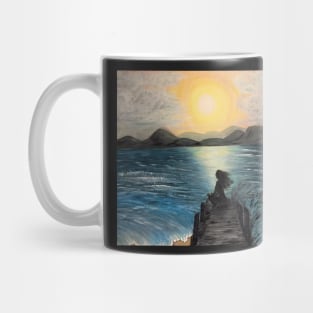 Ocean Sunset Painting Original Art Girl on Dock Nature Beach Gifts Mug